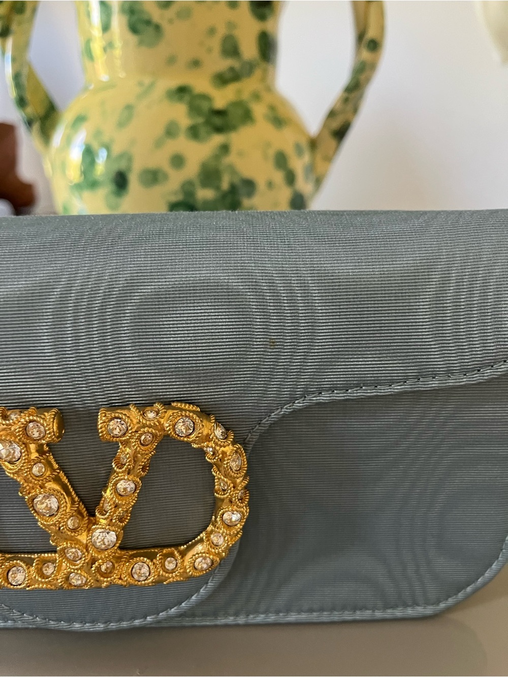 Valentino Garavani Blue Loco Clutch in Moire Fabric with Crystal Logo - Picture 5 of 12